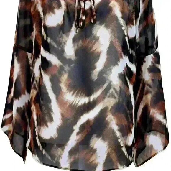 AB Studio Brown/Black Animal Print Tie-Neck Blouse – Size Medium - Picture 3 of 8